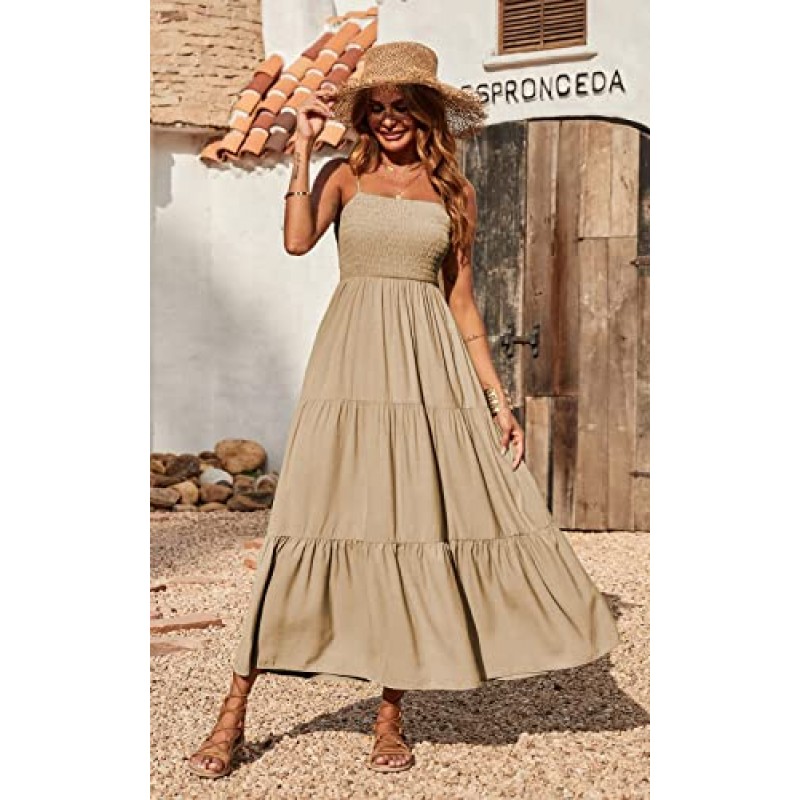 PRETTYGARDEN 여성 여름 맥시 드레스 캐주얼 Boho 민소매 스파게티 스트랩 Smocked Tiered Long Beach Sun Dresses