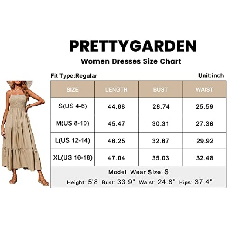 PRETTYGARDEN 여성 여름 맥시 드레스 캐주얼 Boho 민소매 스파게티 스트랩 Smocked Tiered Long Beach Sun Dresses