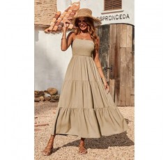 PRETTYGARDEN 여성 여름 맥시 드레스 캐주얼 Boho 민소매 스파게티 스트랩 Smocked Tiered Long Beach Sun Dresses