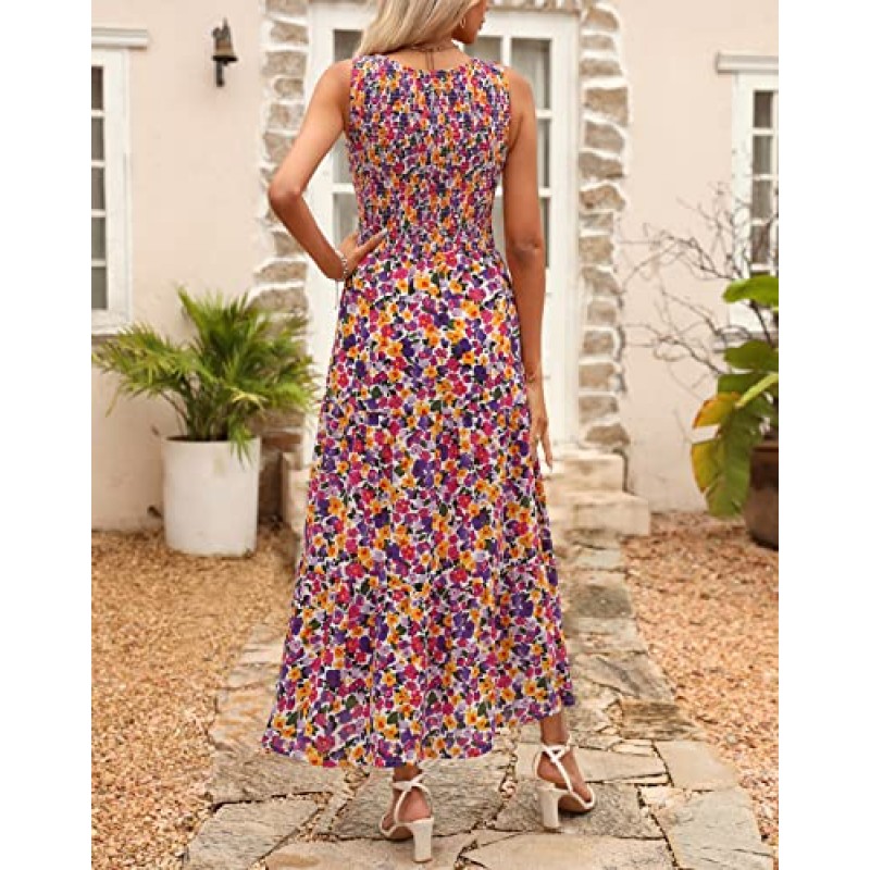 Zattcas Womens 2023 봄 여름 캐주얼 비치 스모크 민소매 탱크 롱 Sundress Flowy Boho Floral Tiered Maxi Dress