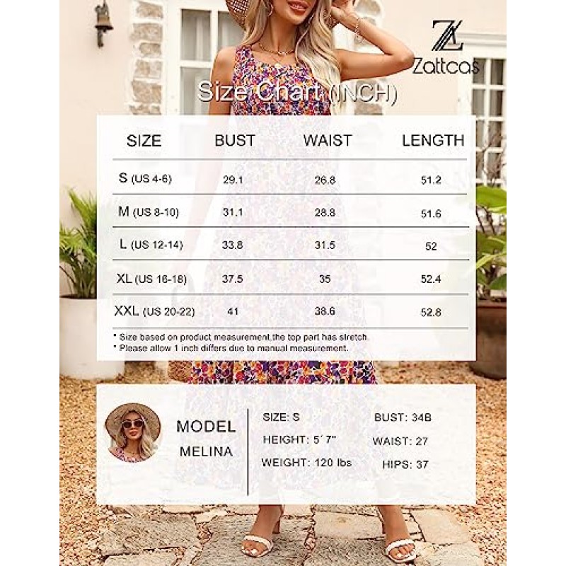 Zattcas Womens 2023 봄 여름 캐주얼 비치 스모크 민소매 탱크 롱 Sundress Flowy Boho Floral Tiered Maxi Dress