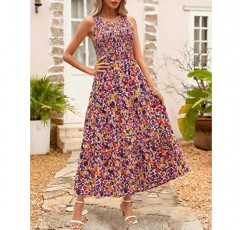 Zattcas Womens 2023 봄 여름 캐주얼 비치 스모크 민소매 탱크 롱 Sundress Flowy Boho Floral Tiered Maxi Dress