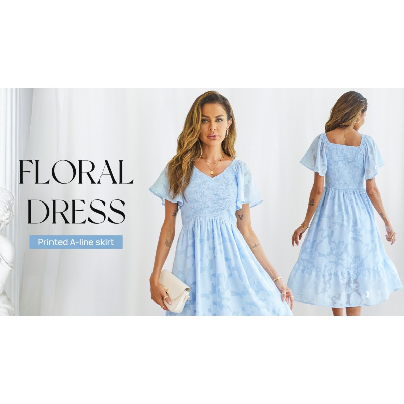 MEROKEETY Womens 2023 여름 V 넥 프릴 슬리브 꽃 드레스 레이스 Flowy Smocked Midi Dresses