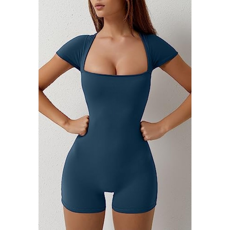 QINSEN 여성용 반팔 Bodycon Romper Stretchy Square Neck 섹시한 유니타드 점프슈트