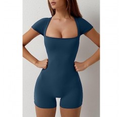 QINSEN 여성용 반팔 Bodycon Romper Stretchy Square Neck 섹시한 유니타드 점프슈트