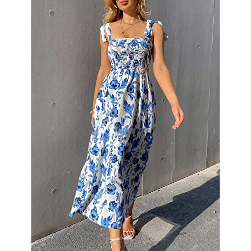 MakeMeChic 여성 여름 Boho 드레스 꽃 프린트 스파게티 스트랩 스퀘어 넥 Shirred Maxi Dress Beach Sun Dress