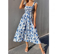 MakeMeChic 여성 여름 Boho 드레스 꽃 프린트 스파게티 스트랩 스퀘어 넥 Shirred Maxi Dress Beach Sun Dress