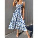 MakeMeChic 여성 여름 Boho 드레스 꽃 프린트 스파게티 스트랩 스퀘어 넥 Shirred Maxi Dress Beach Sun Dress