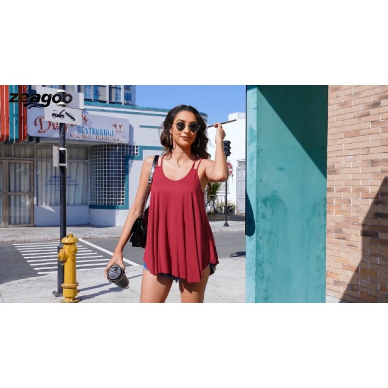 Zeagoo Women Flowy Tank Tops 캐주얼 여름 탑 섹시한 탱크 탑 스파게티 스트랩 V 넥 민소매 튜닉 캐미솔