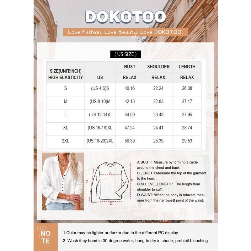 Dokotoo Womens 캐주얼 블라우스 V 넥 버튼 긴 소매 헨리 셔츠 루즈 리브 니트 튜닉 탑