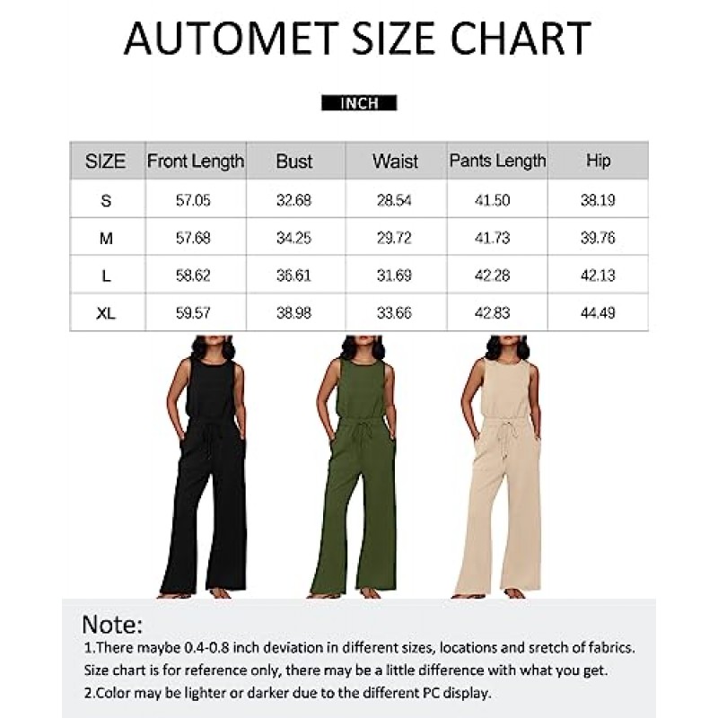 AUTOMET Womens Jumpsuits 가을 의상 2023 새로운 캐주얼 패션 의류 민소매 넓은 다리 긴 바지 Romper