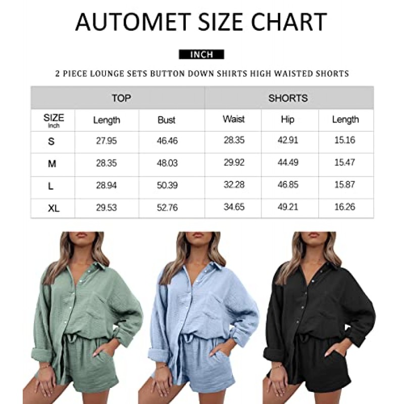 AUTOMET 2 피스 의상 여성용 라운지 세트 파자마 세트 긴 소매 단추 다운 오버 사이즈 셔츠 및 반바지 Fall Tracksuit