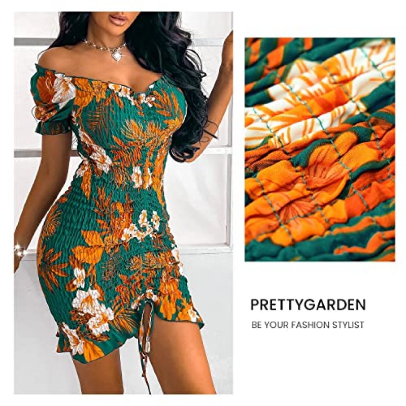 PRETTYGARDEN 여성 여름 오프 숄더 Bodycon 드레스 짧은 소매 Drawstring 섹시한 미니 파티 클럽 Smocked 드레스