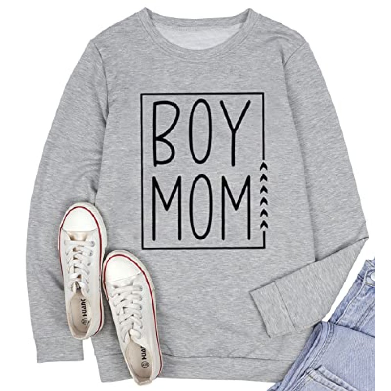 MYCHTE Boy Mom 운동복 여성용 캐주얼 가을 겨울 긴 소매 풀오버 탑 재미 있은 편지 인쇄 Boy Mama T Shirt