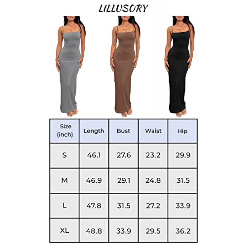 LILLUSORY Womens 여름 캐주얼 슬립 롱 드레스 섹시한 파티 민소매 블랙리스 Bodycon 파티 맥시 드레스