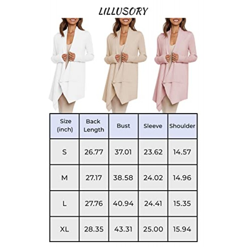 LILLUSORY 여성용 롱 가디건 스웨터 2023 경량 긴 소매 드레이프 오픈 프론트 카디건 캐주얼 의상 가을 살포기