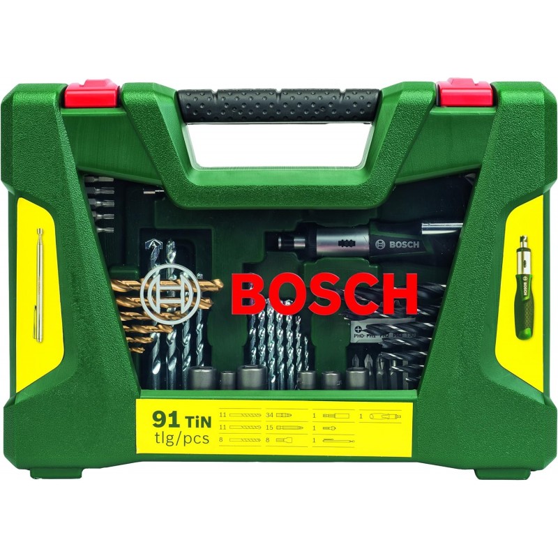 Bosch 보쉬 티타늄 드릴 및 비트 세트 V-Line 91 PCS  목재, 래칫 스크루드라이버 도구 액세서리 포함