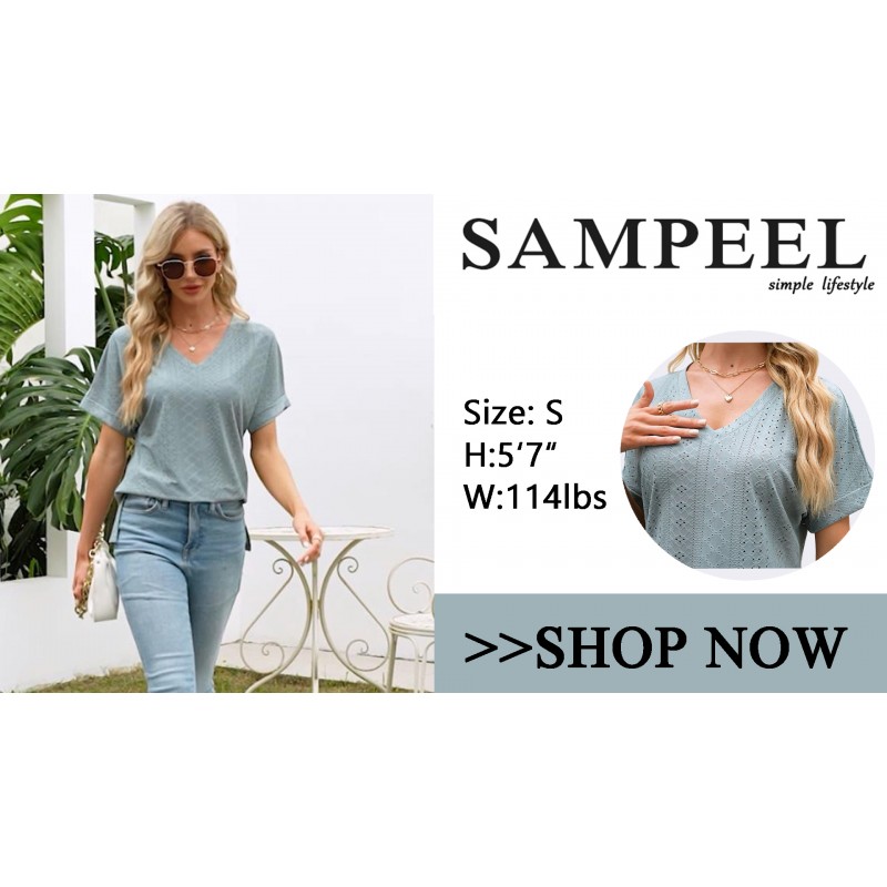 SAMPEEL 여성 V 넥 T 셔츠 롤 반팔 사이드 스플릿 여름 탑 Dressy Casual