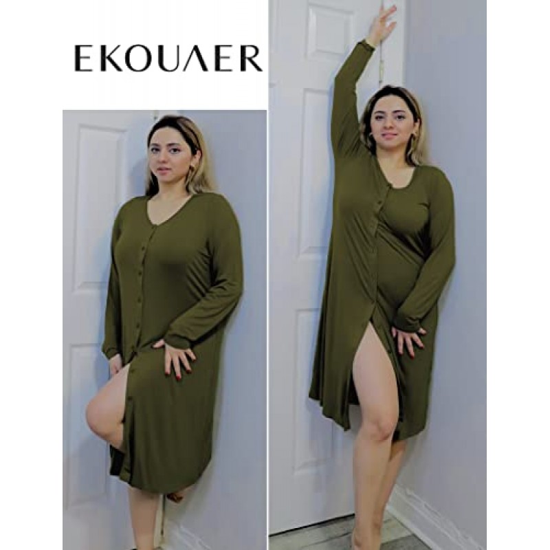 Ekouaer Womens 긴 소매 단추 다운 나이트 가운 루즈한 v 넥 나이트 셔츠 잠옷 파자마 드레스