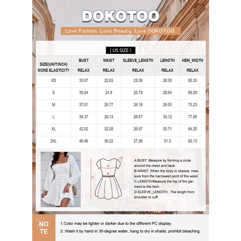 Dokotoo Womens Dress 긴 랜턴 슬리브 스퀘어 넥 타이 백리스 섹시한 드레스 프릴 탄성 허리 a 라인 미니 드레스