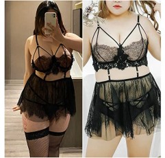 SPORCLO 플러스 사이즈 란제리 여성용 레이스 블랙 Babydoll 섹시한 메쉬 하이 웨이스트 Nightdress Strappy 이국적인 잠옷