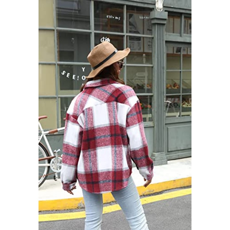 BOUTIKOME Womens Plaid Shacket 버튼 다운 긴 소매 셔츠 코트 가을 겨울 플란넬 자켓 루즈 셔츠