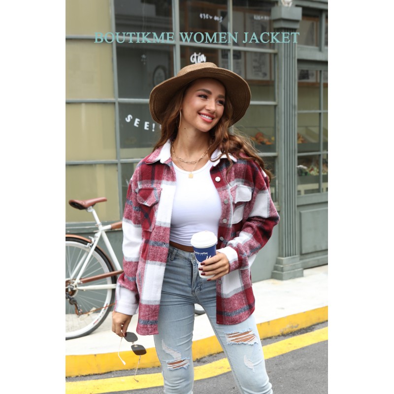 BOUTIKOME Womens Plaid Shacket 버튼 다운 긴 소매 셔츠 코트 가을 겨울 플란넬 자켓 루즈 셔츠