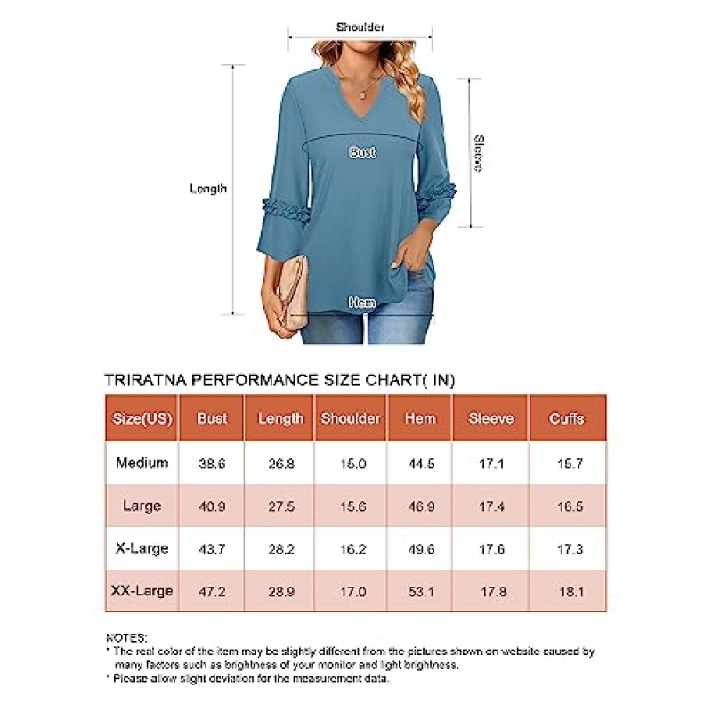 Triratna 여성용 3/4 소매 셔츠 드레시 캐주얼 블라우스 노치 V 넥 탑