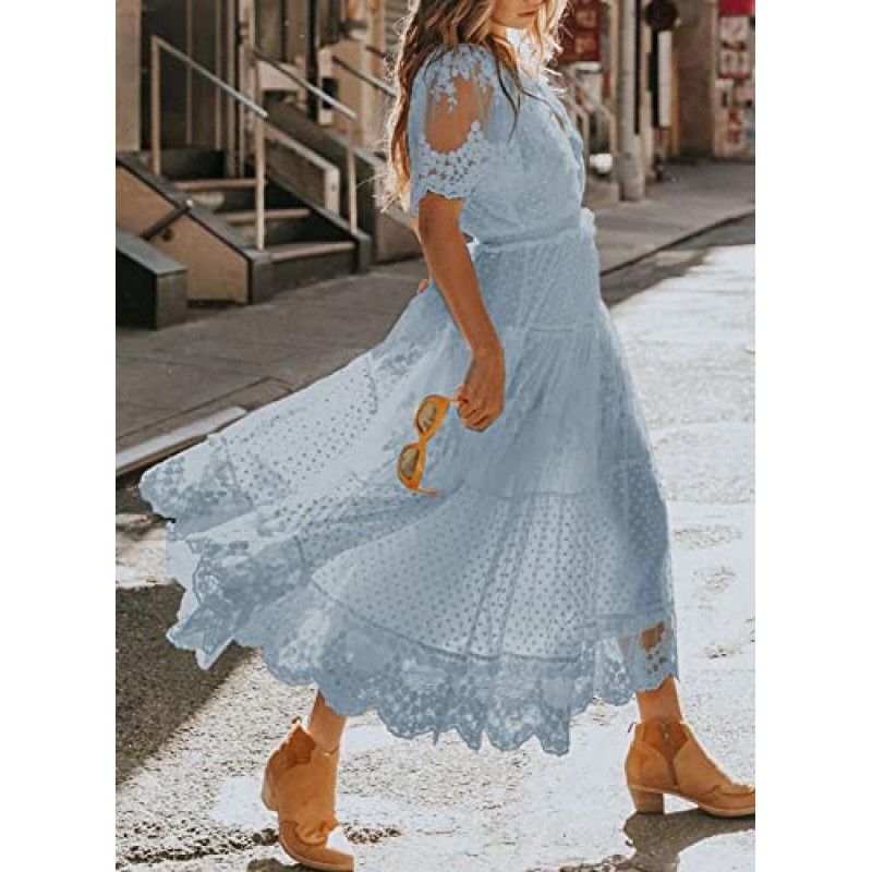 Happy Sailed Womens V 넥 버튼 다운 꽃 레이스 맥시 드레스 반소매 Boho Flowy Dresses