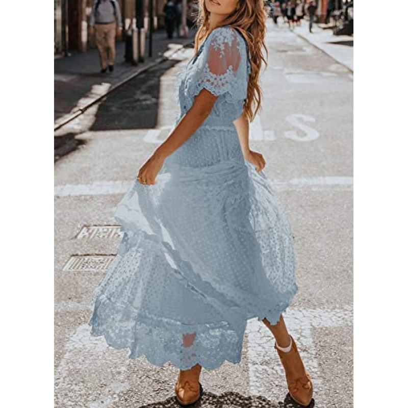 Happy Sailed Womens V 넥 버튼 다운 꽃 레이스 맥시 드레스 반소매 Boho Flowy Dresses