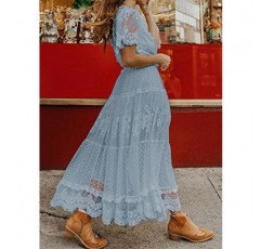 Happy Sailed Womens V 넥 버튼 다운 꽃 레이스 맥시 드레스 반소매 Boho Flowy Dresses