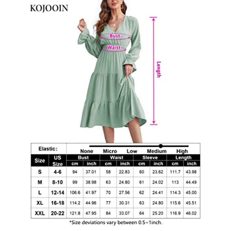 KOJOOIN 여성 캐주얼 랩 V 넥 미디 슬리브 스목 허리 티어드 라인 플리츠 플로위 롱 드레스