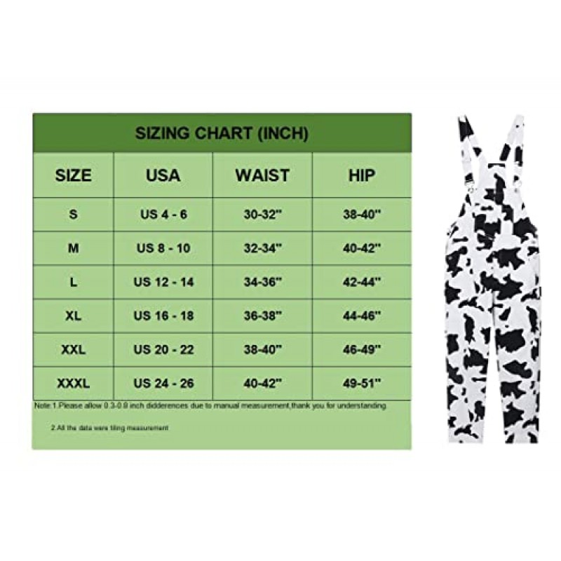 KACAOAC 여성 캐주얼 카우 프린트 턱받이 오버올 코튼 포켓 와이드 레그 팬츠 점프슈트