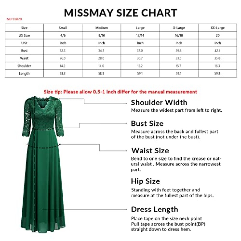 MISSMAY 여성 정장 꽃무늬 레이스 2/3 소매 긴 이브닝 파티 맥시 드레스