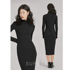 SUPESU 여성용 터틀넥 긴 소매 니트 슬림 피트 Bodycon 스웨터 미디 겨울 드레스