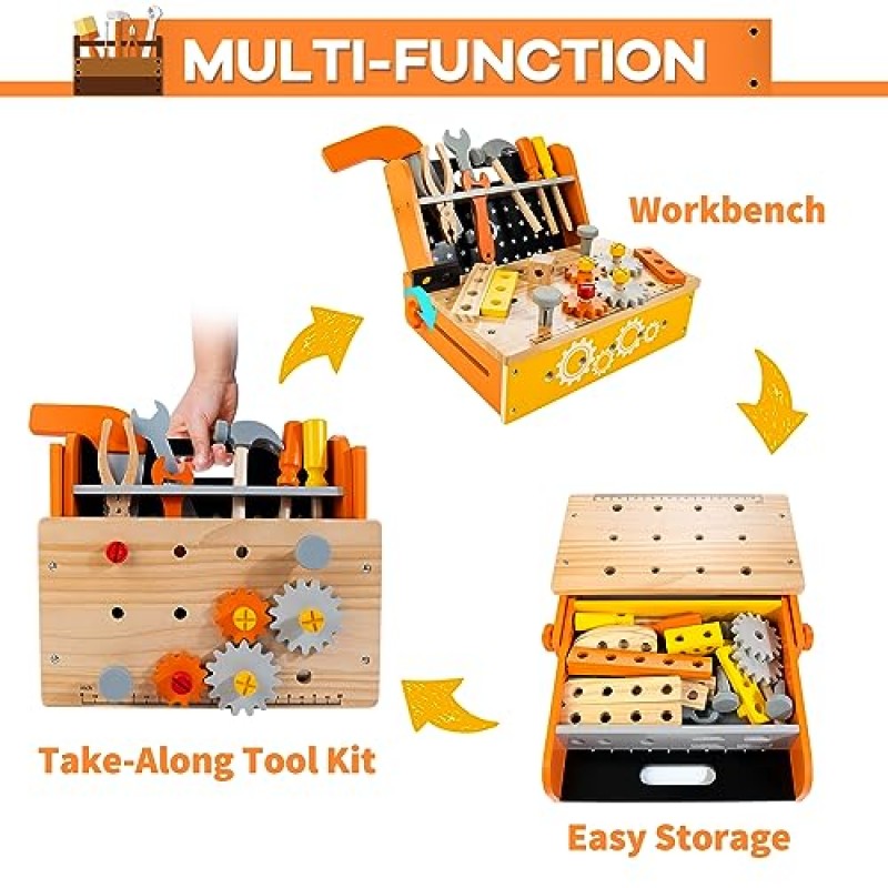 KIDWILL 어린이를 위한 나무 도구 벤치, 2-in-1 작업대 및 가져갈 수 있는 도구 키트가 포함된 54피스 어린이 도구 세트, 3 4 5 6 7 8 세 어린이를 위한 STEM 교육 장난감 도구, 소년 장난감