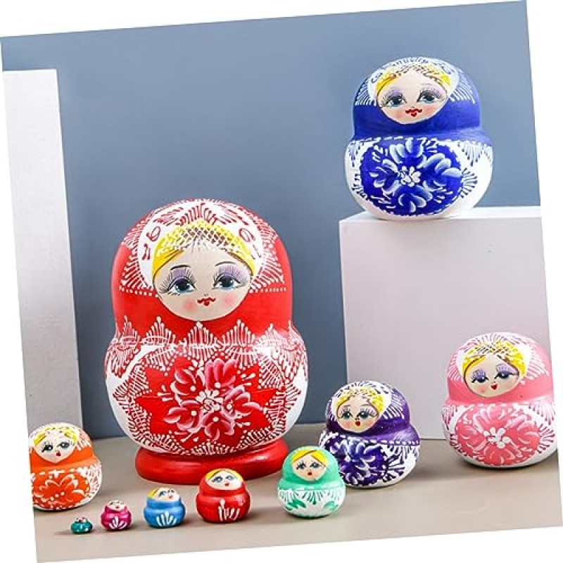 EXCEART 10pcs Matryoshka 어린이 Tylonal 소녀 인형 어린이 인형 새해 스태킹 인형 러시아 인형 나무 중첩 인형 어린이 러시아어 Nestling Kids Wood to Stack Baby Ska