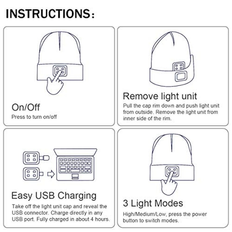 빛을 가진 LED 비니, 남여 USB 충전식 핸즈프리 4 LED 전조등 모자 겨울 니트 야간 조명 모자 손전등 여성 남성 아빠를위한 선물 남편 블랙