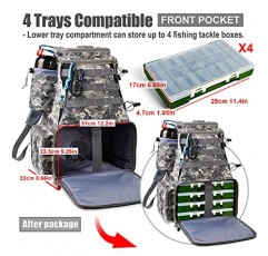 Rodeel 낚시 태클 배낭 4개의 태클 박스가 있는 낚싯대 홀더 2개, 대형 보관함, 송어 낚시용 배낭 야외 스포츠 캠핑 하이킹