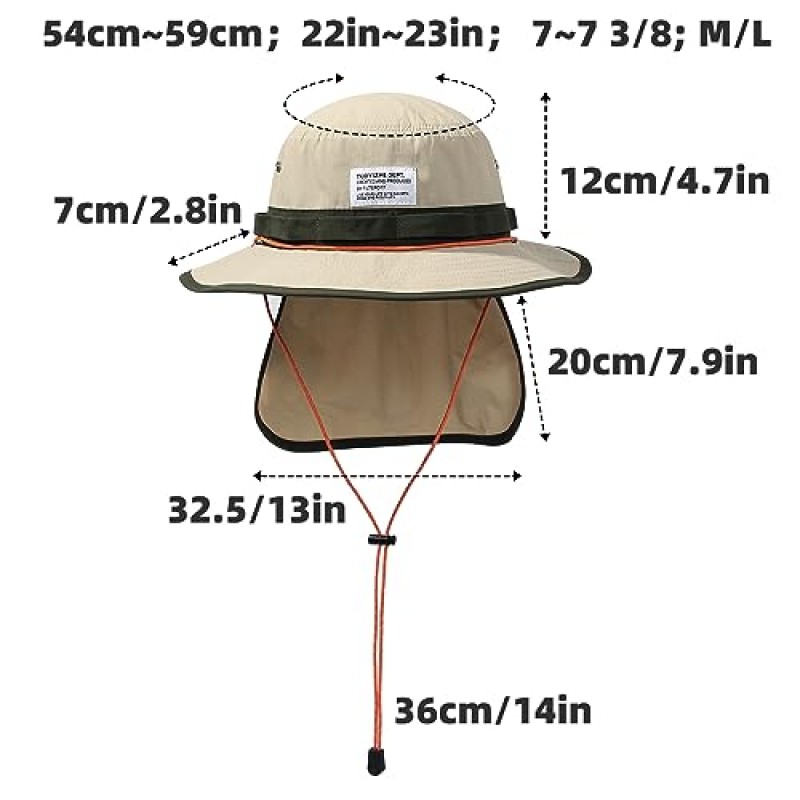 WASC House UPF30+ 넥 플랩이 있는 넓은 챙 낚시 모자, 하이킹/캠핑을 위한 조절 가능한 스트랩이 있는 태양 버킷 모자