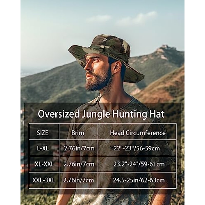 Zylioo XXL 대형 Boonie 태양 모자, 큰 머리를 위한 군사 전술 사파리 모자, 스트랩이 있는 경량 사냥 모자