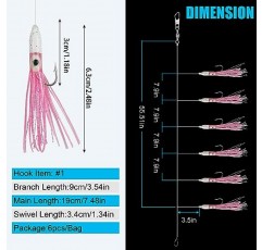 낚시 미끼 굴착 바닷물 세트, 6 팩 글로우 소프트 오징어 스커트 낚시 후크가있는 서핑 낚시 장비 회전 스냅 낚시 미끼 미끼 굴착 민물 바닷물 용 문어 미끼 장비