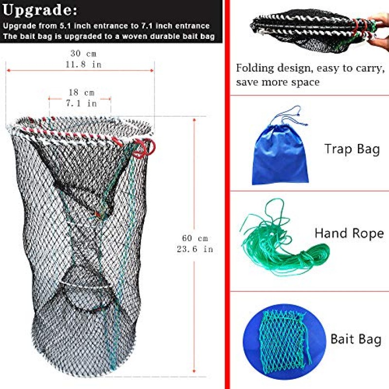 Drasry 크랩 트랩 미끼 랍스터 가재 새우 휴대용 접이식 캐스트 그물 접이식 낚시 트랩 그물 낚시 액세서리 블랙 23.6in x 11.8in(60cm x 30cm)
