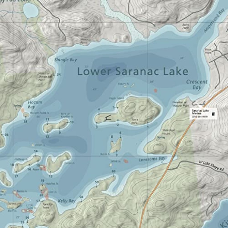 Saranac Lake 보트 타기 및 낚시 지도 | Adirondacks 사라낙 레이크 뉴욕 | 꽃 호수, Oseetah 호수, Kiwassa 호수 | 내구성, 방수 및 찢어짐 방지