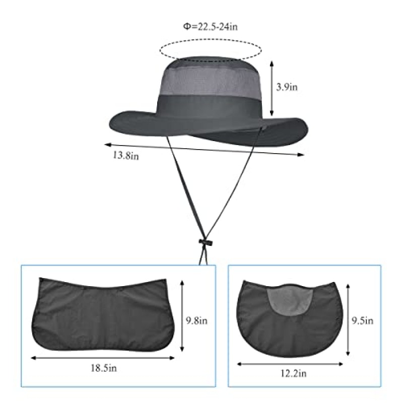 3 팩 남성용 야외 와이드 브림 낚시 모자, 하이킹 및 정원용 페이스 넥 플랩이 있는 UPF 50+ 자외선 차단 캡