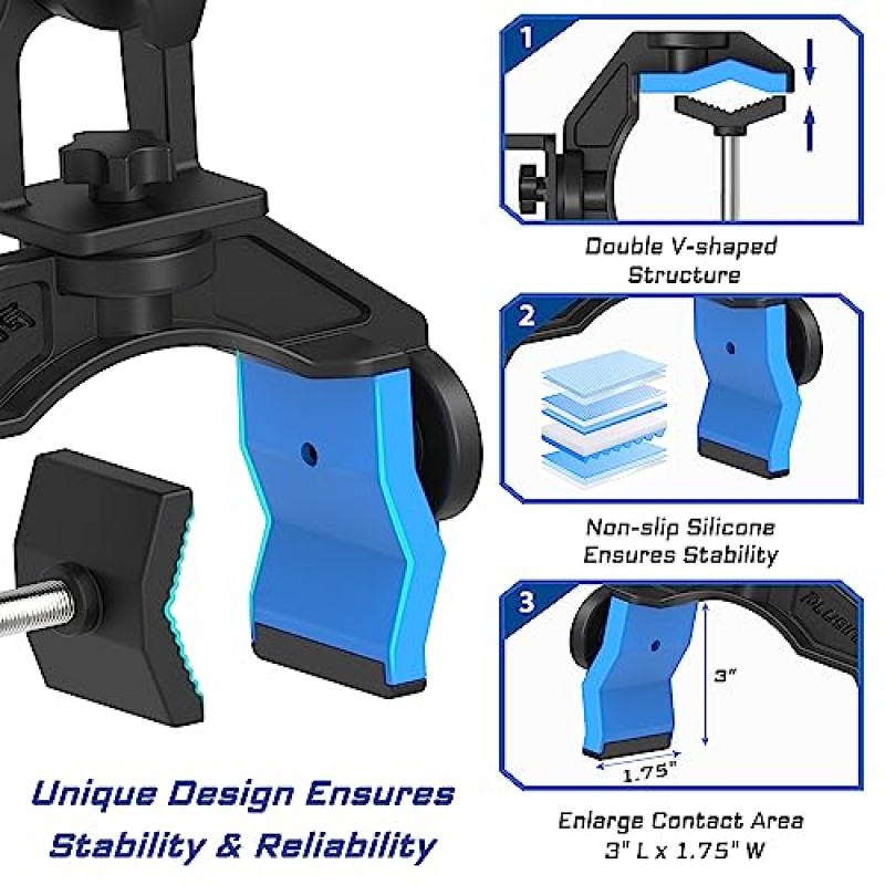 PLUSINNO 낚싯대 홀더, 보트용 업그레이드 낚싯대 홀더, 안정적인 듀얼 V자형 디자인, 최대 3.94인치까지 클램프 확대, 원형/사각형 튜브 평면에 적합, 360도 조절 가능한 막대 홀더