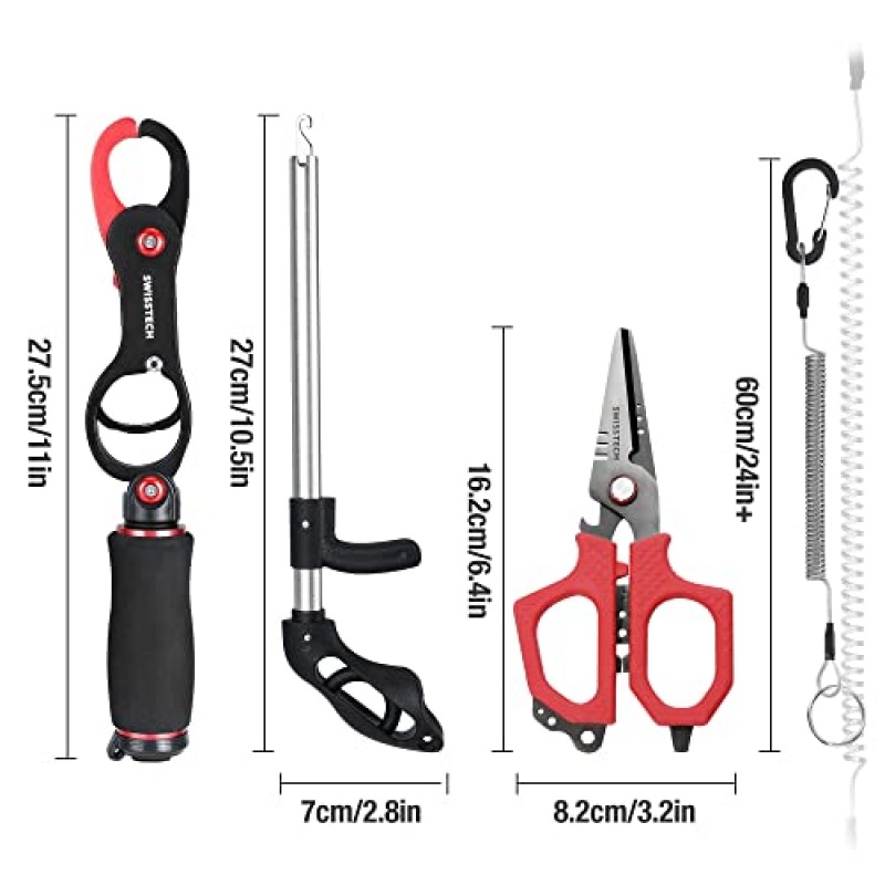 Swiss+Tech 낚시 도구 키트, 저울이 있는 물고기 그리퍼, 다기능 낚시 펜치, 땋은 줄 가위, 물고기 필렛 칼, 안전 코일 끈이 있는 낚시 장비, 낚시꾼을 위한 낚시 선물…