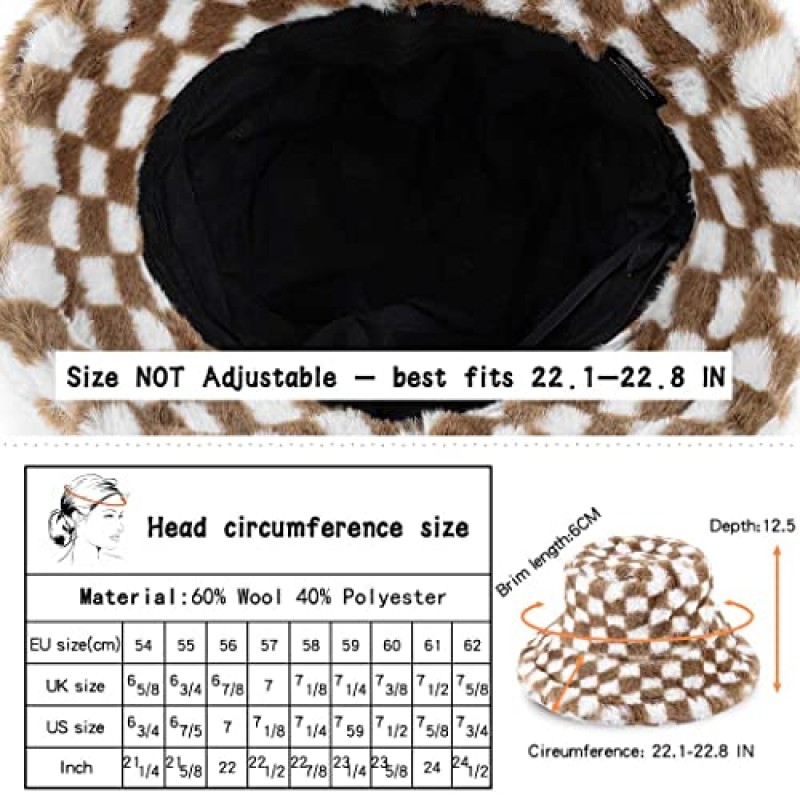 Campsis 겨울 가짜 양동이 모자 카키 체커 보드 양모 푹신한 플러시 양동이 모자 두꺼운 퍼지 양동이 모자 스키 사이클링 캠핑 하이킹 여성과 소녀를위한