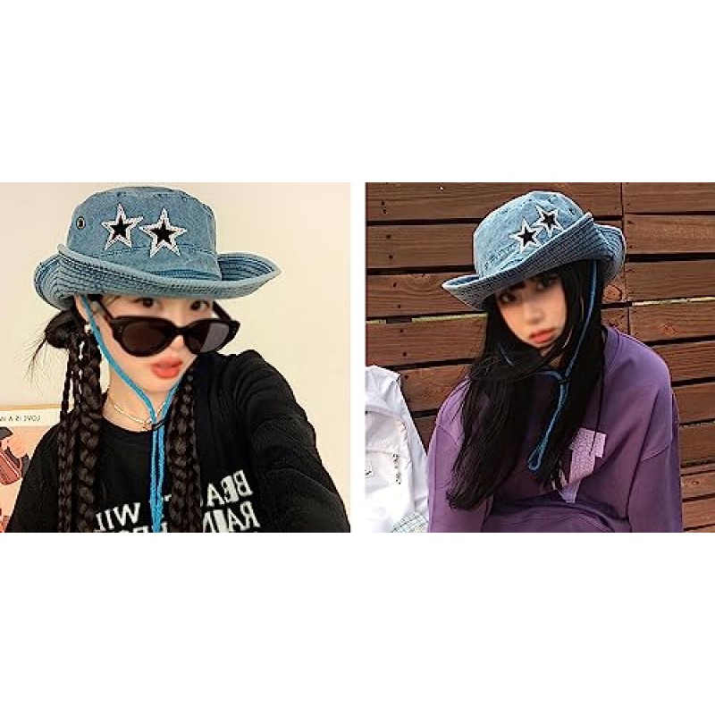 청바지 데님 카우보이 모자 여성용 Y2k 크리스탈 스타 씻어 양동이 모자 문자열 일 모자 Foldable Safari Boonie Hat