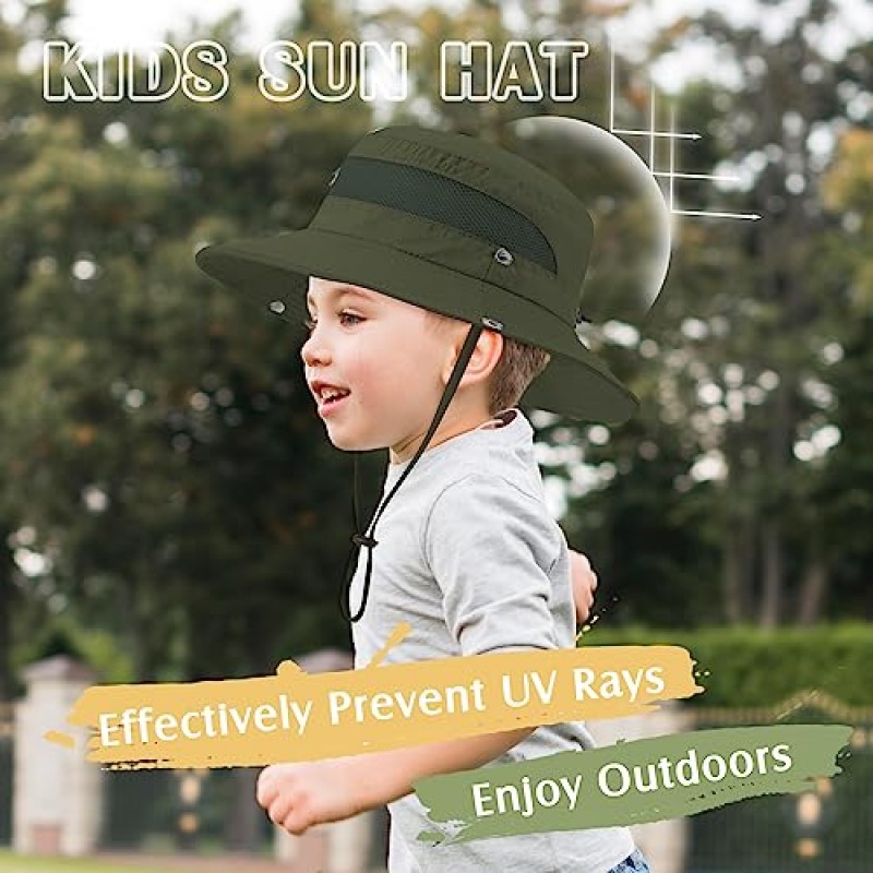 Zando Kids Sun Hat 야외 UPF 50 + 소년 태양 모자 와이드 브림 통기성 낚시 양동이 모자 하이킹 캠프 비치 사파리 모자